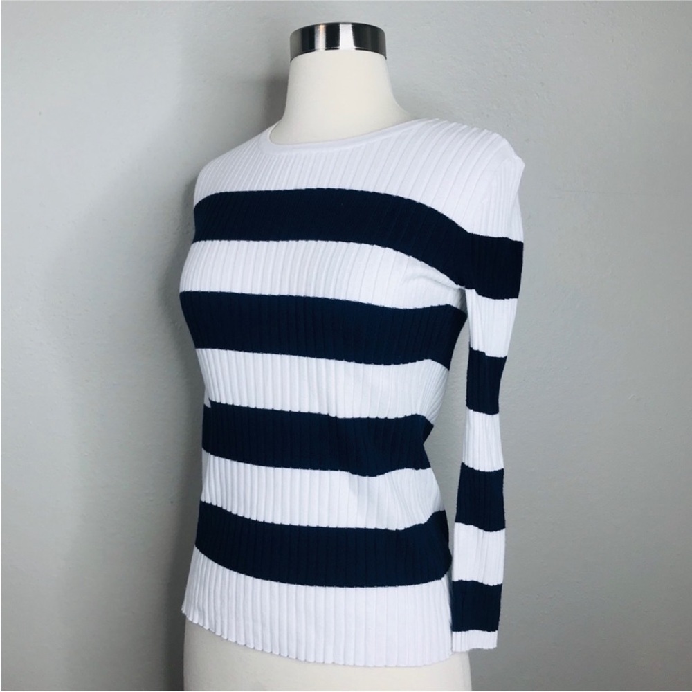 J.McLaughlin Navy White Striped Sweater Ribbed Fitted Preppy